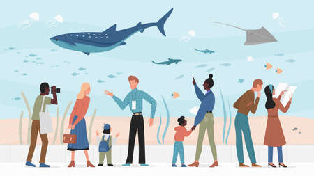 People in oceanarium vector illustration. Cartoon woman man parents with children visiting zoo oceanarium, family characters watching on swimming in aquarium underwater ocean or sea animals backgroundのイラスト素材