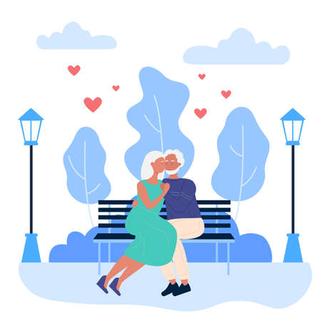 Elderly happy couple people on romantic dating in park vector illustration. Cartoon lover senior woman man in love having loving date at night, sitting on city urban park bench and hugging backgroundのイラスト素材
