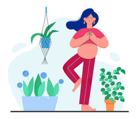 Pregnancy meditation yoga flat vector illustration. Cartoon beautiful pregnant woman character relaxing, meditating in lotus yoga asana pose, listening to music in home apartment interior backgroundのイラスト素材