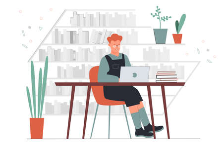 Study in book library vector illustration. Cartoon young happy male student character training, working and studying, boy sitting at table with laptop among library bookshelves, education backgroundのイラスト素材