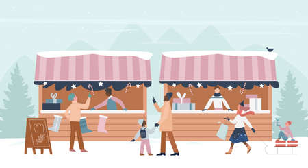 Family people walk in Christmas city or village market vector illustration. Cartoon customer characters buy Christmas gifts and food in festive decorated marketplace, xmas stall or kiosk backgroundのイラスト素材