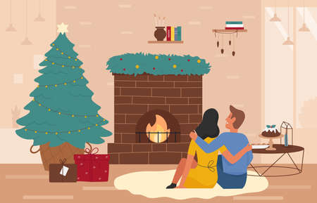 Christmas, Happy New Year holidays near festive decorated home fireplace vector illustration. Cartoon couple people celebrate winter holiday season, sit fireside, romantic xmas celebration backgroundのイラスト素材