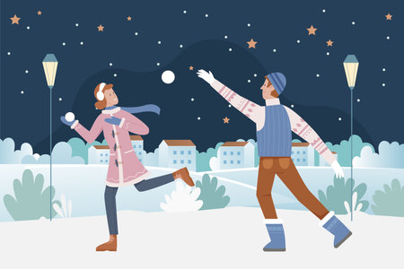 Couple people play snowballs at night on Christmas eve vector illustration. Cartoon happy man woman characters playing snowballs winter games, running in Christmas snow urban landscape backgroundのイラスト素材