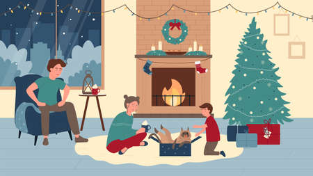 Family people at home in Christmas winter holiday vector illustration. Cartoon happy father mother and boy child play with cat in Christmas fireplace room interior with Xmas New Year gifts backgroundのイラスト素材