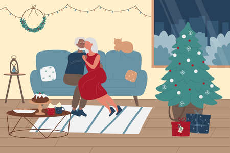 Elderly people spend time together on Christmas winter holiday vector illustration. Cartoon happy old couple hugging, sitting on cozy sofa in home living room interior with Christmas tree backgroundのイラスト素材