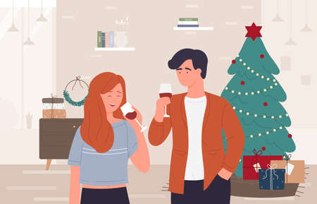 Christmas, Happy New Year holidays celebration at home vector illustration. Cartoon happy man woman couple characters drink red wine from glasses, celebrating in living room home interior backgroundのイラスト素材