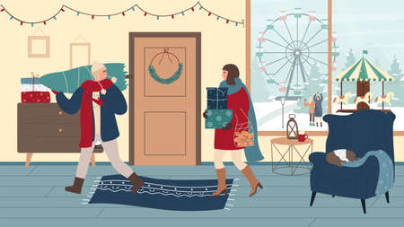 People with gifts on Christmas eve vector illustration. Cartoon family characters preparing for winter holiday celebration in living room home interior, holding gift boxes, Christmas tree backgroundのイラスト素材