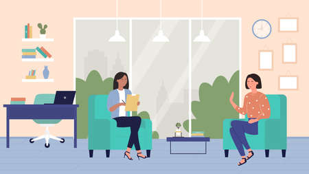 Psychologist counseling patient vector illustration. Cartoon doctor psychotherapist talking with smiling woman in office room interior on psychotherapy appointment, psychology consultation backgroundのイラスト素材