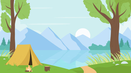 Tourist camp by river or lake nature landscape vector illustration. Cartoon mountain natural calm scenery with campsite tent among summer trees, bonfire. Adventure wildlife tourism scene backgroundのイラスト素材
