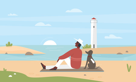 Man pet owner sitting on sea beach with dog friend vector illustration. Cartoon young happy male character relaxing with own doggy in seascape with sunset, lighthouse on island backgroundのイラスト素材
