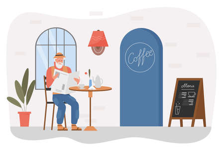 Old man in cafe vector illustration. Cartoon elderly senior male character sitting at outdoor street cafeteria or coffeehouse table, reading newspaper and drinking hot coffee isolated on whiteのイラスト素材