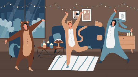 People on pajamas party in home interior vector illustration. Cartoon young woman characters wearing funny animal costume, celebrating Halloween pajama party, happy celebration scene background