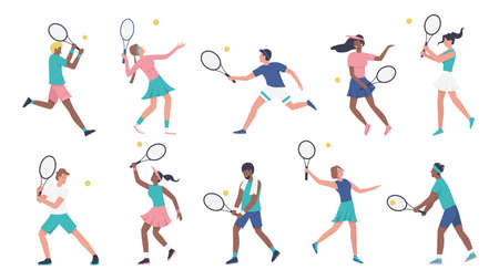 Workout playing tennis vector illustration set. Cartoon young woman man sportive characters in sportsman uniform play tennis, players holding rackets and hitting ball collection isolated on whiteのイラスト素材