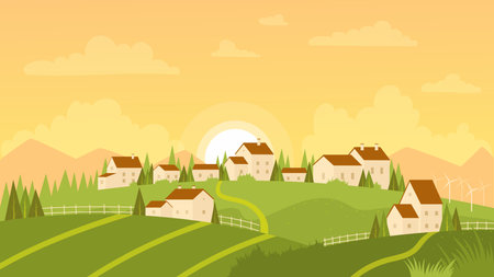 Summer landscape with village and sunrise vector illustration. Cartoon farm countryside outdoor view with farmer houses on fresh green meadow hills, mountains and sun on morning sky backgroundのイラスト素材