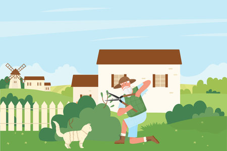 Gardener cutting green bush hedge vector illustration. Cartoon elderly senior man character trimming lawn, working in summer garden or park, holding pruning shears trimmers to trim greenery backgroundのイラスト素材