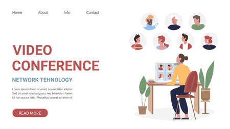 Video conference, business network technology vector illustration. Cartoon website template with freelance young woman character teleworking with corporate colleagues, internet conferencing workspaceのイラスト素材