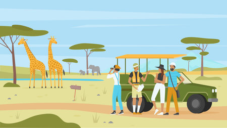 African safari nature tour vector illustration. Cartoon man woman tourist characters group with binoculars and car, landscape tourism in Africa, savannah exploration expedition adventure backgroundのイラスト素材