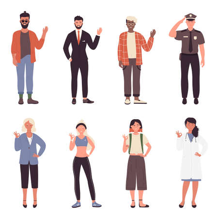 People greet and wave vector illustration set. Cartoon bearded hipster businessman policeman and boy waving hello, young woman doctor businessman and girl student with okay gesture isolated on whiteのイラスト素材