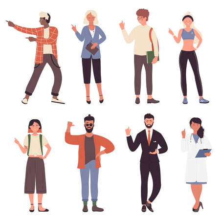 People point fingers, gestures and poses vector illustration set. Cartoon man woman characters standing, professional workers or student showing pointing sign left or right with hand isolated on whiteのイラスト素材