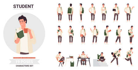 Student young man poses infographic vector illustration set. Cartoon student guy holding coffee cup, posing with book to study, walking with backpack or running with skateboard isolated on whiteのイラスト素材