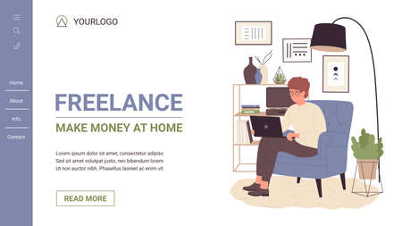 Freelance, people make money at home vector illustration. Cartoon website template with freelancer young man character working with laptop, sitting in home interior, self employed telework technologyのイラスト素材