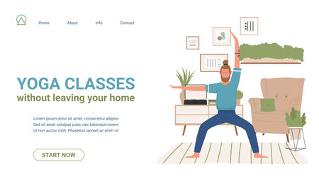 Yoga class, online lesson vector illustration. Cartoon website template with male yogist character practicing yoga asana in home living room interior, active fitness teacher training virtual audienceのイラスト素材