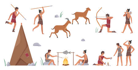 Primal tribe people hunt vector illustration set. Cartoon primitive tribesman characters group hunting animals with bows, arrows and spears, produce fire for cooking food near home isolated on whiteのイラスト素材