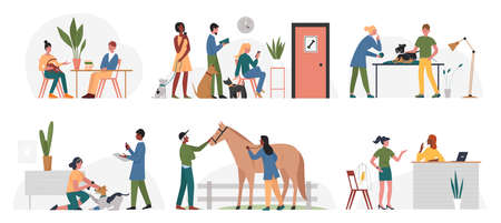 People with animals in veterinary office clinic, pet owners visit veterinarian doctorのイラスト素材