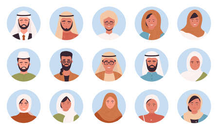 Muslim arabian people portrait round avatars set, multinational man woman face userpicsのイラスト素材