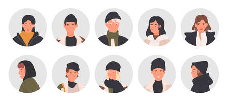 People profile round userpic set, young man woman user heads, male and female facesのイラスト素材