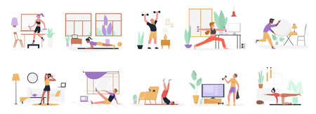 People do sport exercises at home set, healthy fitness workout with dumbbells and ballのイラスト素材