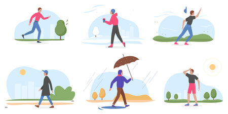 People and four seasons set, cartoon young man walking in winter summer spring autumn
