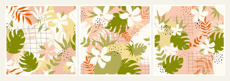 Botanical abstract minimal wall art set, aesthetic wallpaper design with flowers, leaves