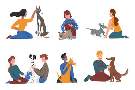 Happy people with pet dog friends set, young man woman character sitting, hugging doggyのイラスト素材