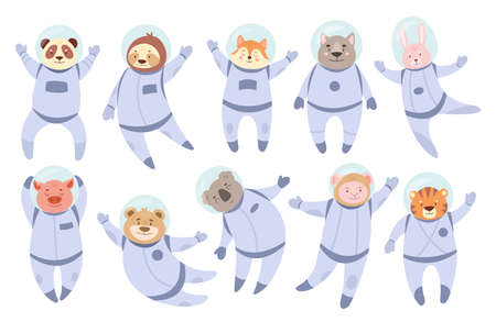 Cute astronaut animals set, space travelers flying, wild animals or pets in space suitsのイラスト素材
