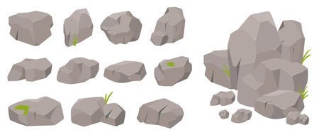 Stone rock set, decorative single, piled stones of different shapes with nature grassのイラスト素材