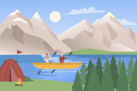 Kayak travel adventure water extreme sport, river rafting tourists in mountain landscapeのイラスト素材