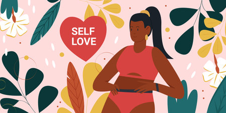 Self love body positive movement concept with cute happy fat woman in bikini standingのイラスト素材