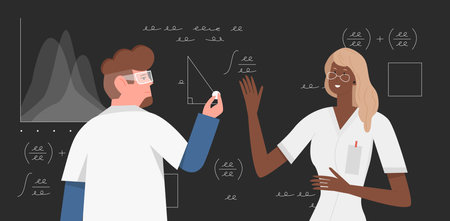 Scientist people research science mathematics, researchers writing math formulasのイラスト素材