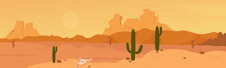 Mexican, Texas or Arisona desert nature wide panorama landscape vector illustration. Cartoon flat dry desert scenery with mountain rocks dunes, cactuses, wild hot west prairie scene, wilderness.のイラスト素材