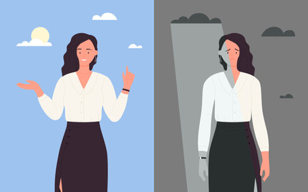 Business woman in good and bad mood vector illustration. Cartoon happy fashionable businesswoman standing and waving, sad female office worker crossed arms in stress negative emotion backgroundのイラスト素材