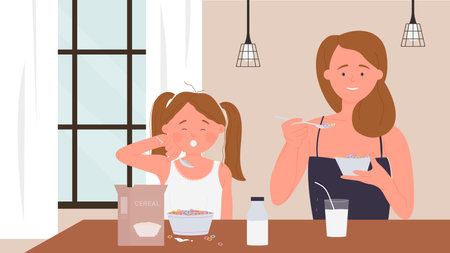 Happy family people eat breakfast food vector illustration. Cartoon young funny mother, cute girl daughter characters eating healthy morning meal, sitting at table together in home kitchen backgroundのイラスト素材