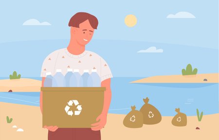 Happy teen volunteer cleaning beach, collecting recycling rubbish waste vector illustration. Cartoon young man character holding box to clean sea beach environment from recyclable garbage backgroundのイラスト素材
