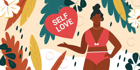 Self love body positive movement concept vector illustration. Cartoon happy fat woman in bikini demonstration gesture, cute plus size female character in summer swimsuit, love and acceptance bodyのイラスト素材