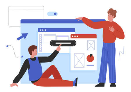 Web design development, website project process creation vector illustration. Cartoon man developer designer characters create digital application, work on site construction together isolated on whiteのイラスト素材