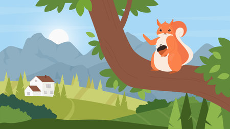Cute squirrel with acorn in rural summer mountain green landscape vector illustration. Cartoon furry squirrel character hugging walnut, forest animal loving nut food, woodland on sunny day backgroundのイラスト素材