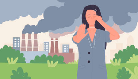 Stop dust fume air pollution, save ecology vector illustration. Cartoon, young woman volunteer character showing stop gesture to industrial smog from factory chimney, ecological poster backgroundのイラスト素材