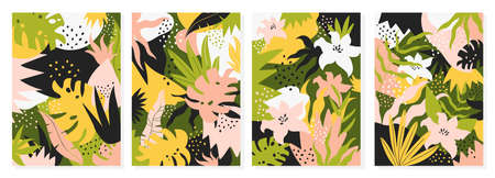 Tropical summer leaves flowers, abstract jungle foliage, dots shape vector illustration set. Minimalist floral for art wall interior design and decor wallpaper, canvas print modern template backgroundのイラスト素材