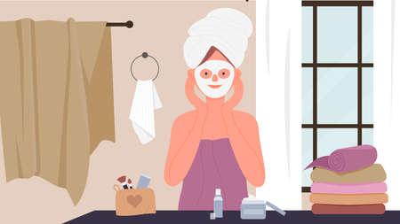Beauty skincare spa hygiene procedures, daily routine vector illustration. Cartoon everyday personal skin care with cosmetics of young woman character, cute happy lady standing in bathroom backgroundのイラスト素材