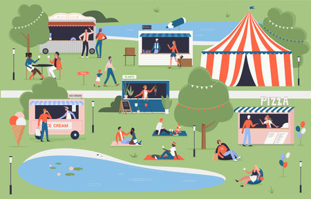 City food festival event in village, city park vector illustration. Cartoon summer map of market with family people have fun and walk, listening to music, buying pizza, ice cream and books backgroundのイラスト素材